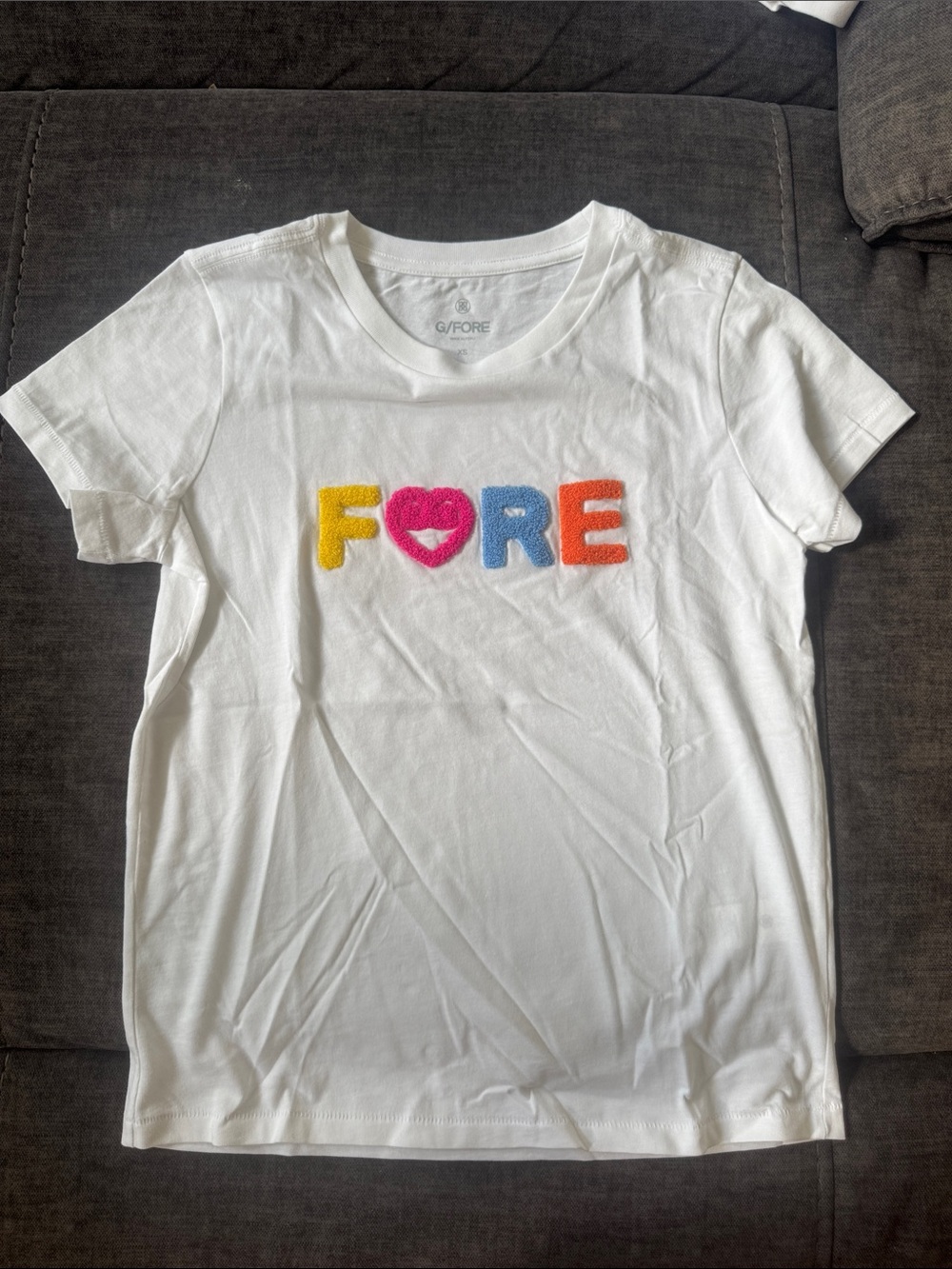 G/FORE White Womens Tee with Multicolor 'FORE' Chenille Letters